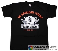 Harley Davidson - 01 - An American Legend (чёрная футболка) ― купить футболку в Украине, заказать футболку по почте, цены, описание, фото футболок, купить кружки, бейсболки, весна, рюкзаки, кошельки, лето, банданы, кожаные изделия, осень, джинсы, кроссовки, куртки, шорты, шапки, батники, носки, зима, белье, майки, рубашки, сумки, молодежные аксессуары, уличный стиль кэжуал стайл | Интернет-магазин футболок и другой молодежной одежды - GRAFFITI STREET - GraffitiStreet.Com.Ua